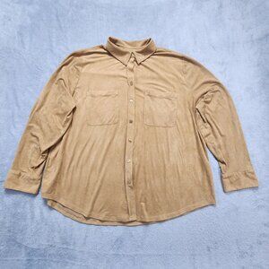 Chico's Womens Size 3 XL Beige Faux Suede Button Up Shirt Long Sleeve Stretch